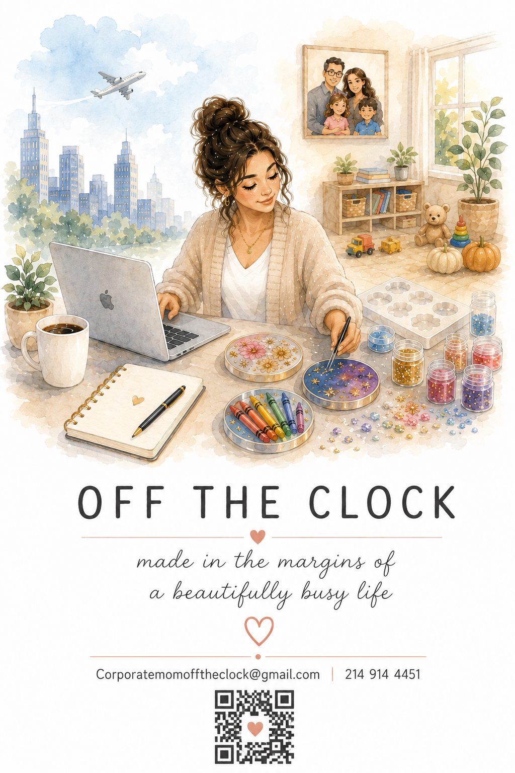 Watercolour illustration of a working mother making resin art at her kitchen table